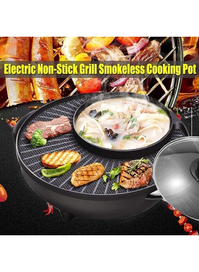 Electric Hot Pot Grill Removable Shabushabu Pot Grill Detachable Barbecue Grill with Large Capacity Baking Tray NonStick BBQ Pan Adjustable Temperature Double Flavor Hot Pot round hot pot