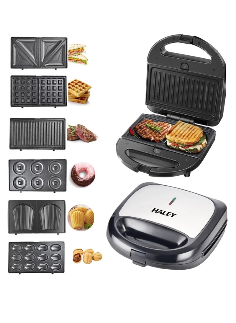 HALEY 6-in-1 Multi Snack Maker,750W Detachable Sandwich, Grill Maker, Waffle Maker,Doughnut,Madeleine,Plates with Bakelite Coating, 2-Year Warranty(HY-1023) (6 in 1)