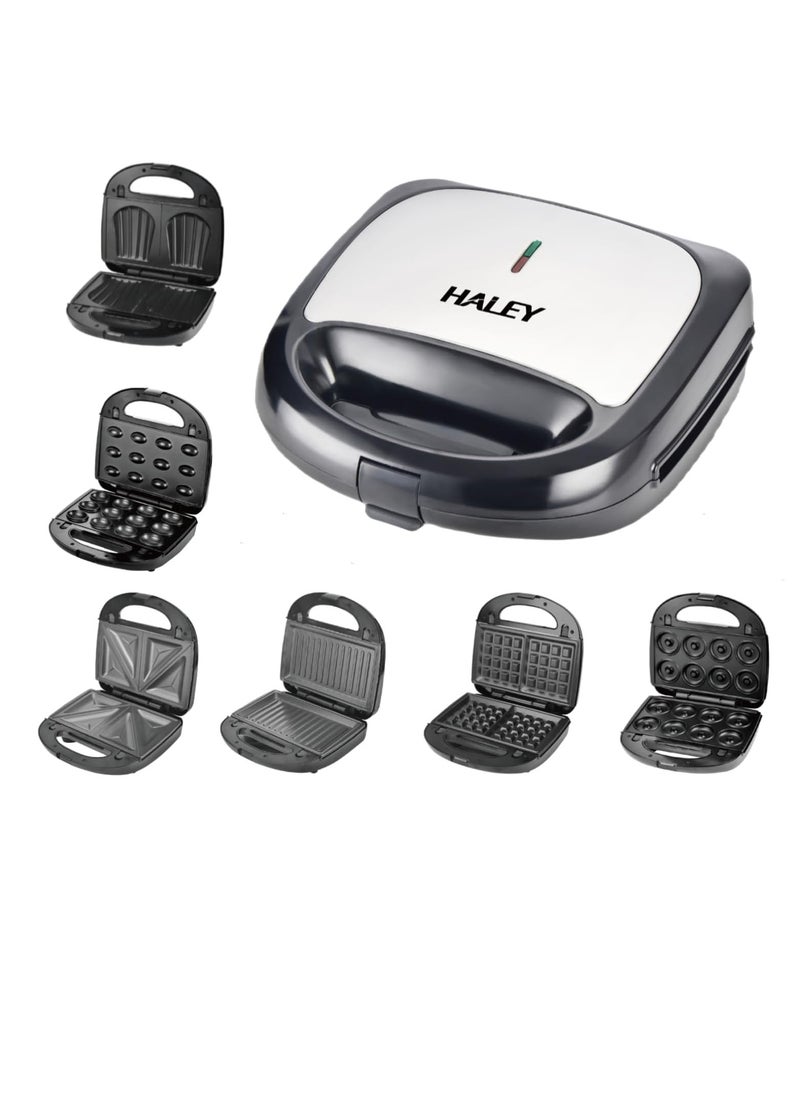 HALEY 6-in-1 Multi Snack Maker,750W Detachable Sandwich, Grill Maker, Waffle Maker,Doughnut,Madeleine,Plates with Bakelite Coating, 2-Year Warranty(HY-1023) (6 in 1)