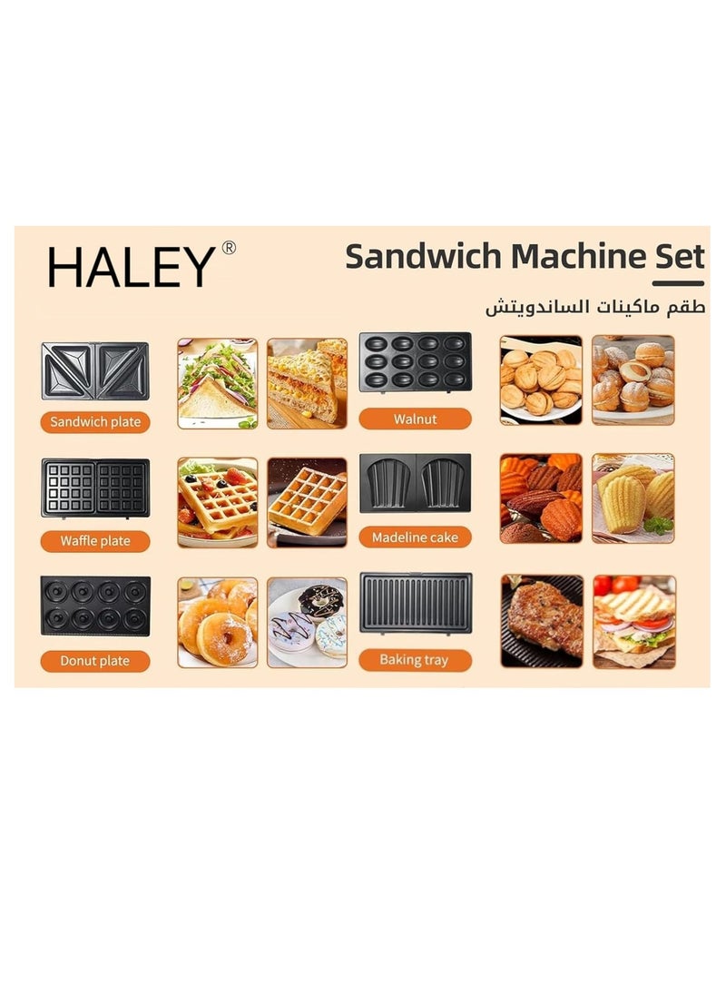 HALEY 6-in-1 Multi Snack Maker,750W Detachable Sandwich, Grill Maker, Waffle Maker,Doughnut,Madeleine,Plates with Bakelite Coating, 2-Year Warranty(HY-1023) (6 in 1)