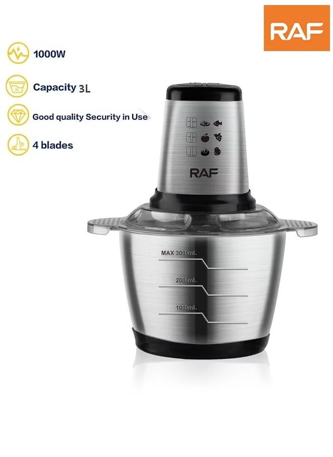 3L Meat Grinder,2 Speeds Electric Meat Grinder,Electric Chopper,Food Processor with 4-Blades,Stainless Steel Bowl,1000W,R.7031,Silver/Black
