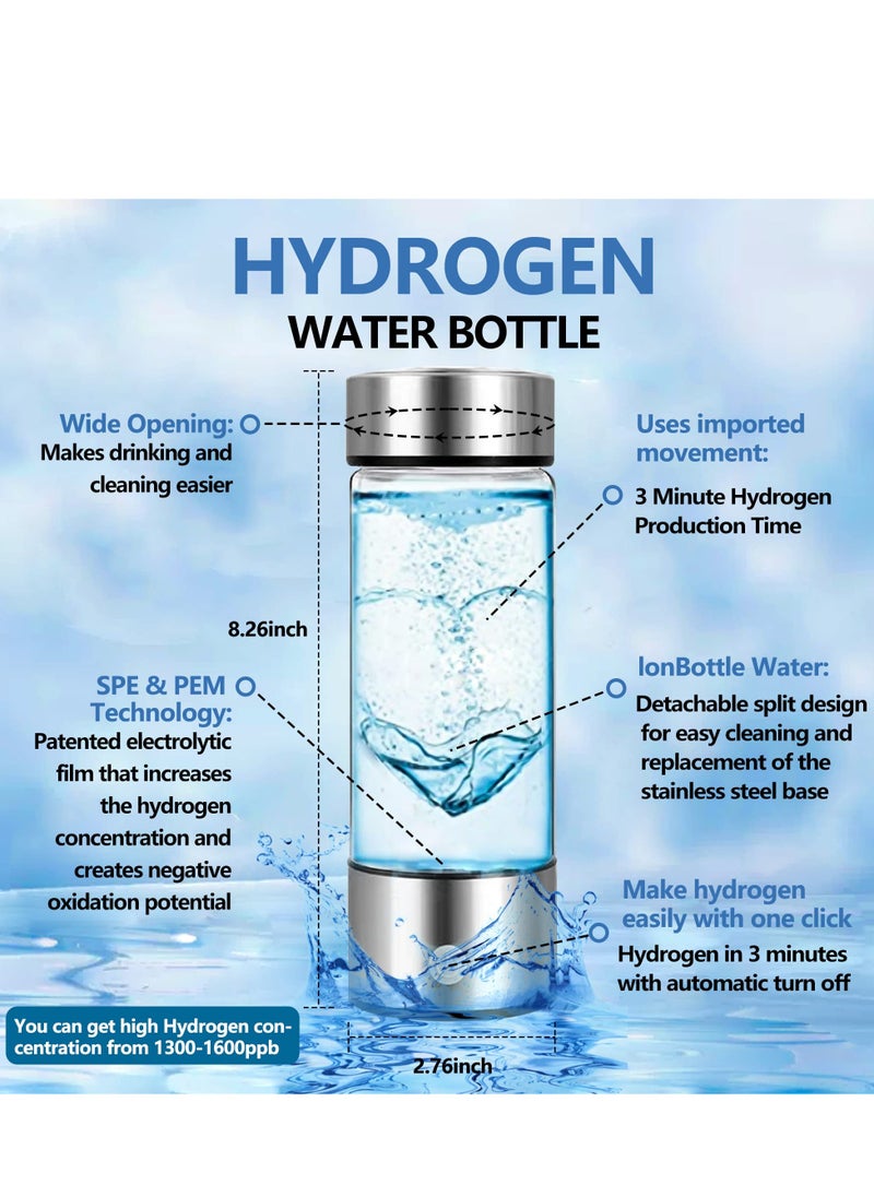 Portable Hydrogen Water Generator Bottle with SPE and PEM Technology, Alkaline Ionizer Generator USB Rechargeable Portable Hydrogen Rich Water Glass Health Bottle for Home and Fitness Daily Drinking