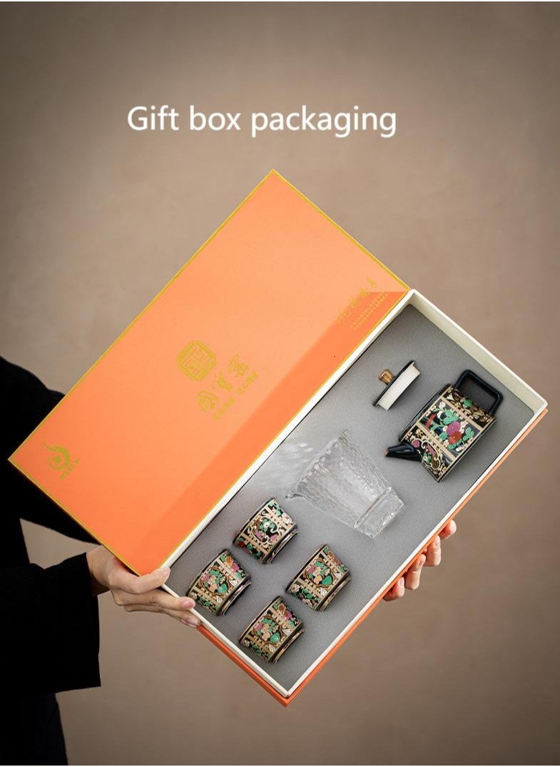 Luxury Hand-Painted Cloisonné Porcelain Tea Set – Premium Gift Box with Teapot, 4 Cups  Pitcher, High-Fire Gaoling Clay, Built-in Filter, Elegant Chinese Artistry for Home  Office Tea Ceremony