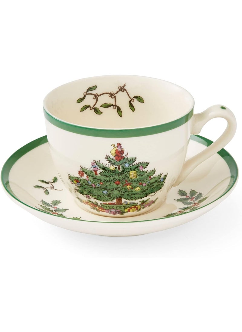Spode Christmas Tree Teacup & Saucer Set - 7 Oz Earthenware Cup for Tea, Coffee, Cappuccino, Espresso - Holly & Mistletoe Holiday Accents - Holiday Collection Design for Gifting