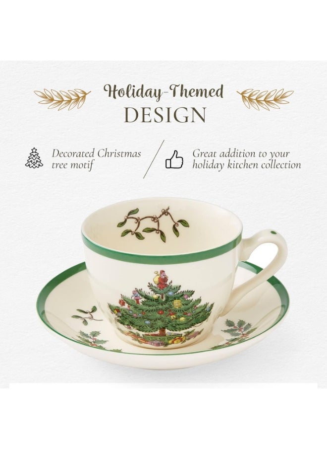 Spode Christmas Tree Teacup & Saucer Set - 7 Oz Earthenware Cup for Tea, Coffee, Cappuccino, Espresso - Holly & Mistletoe Holiday Accents - Holiday Collection Design for Gifting