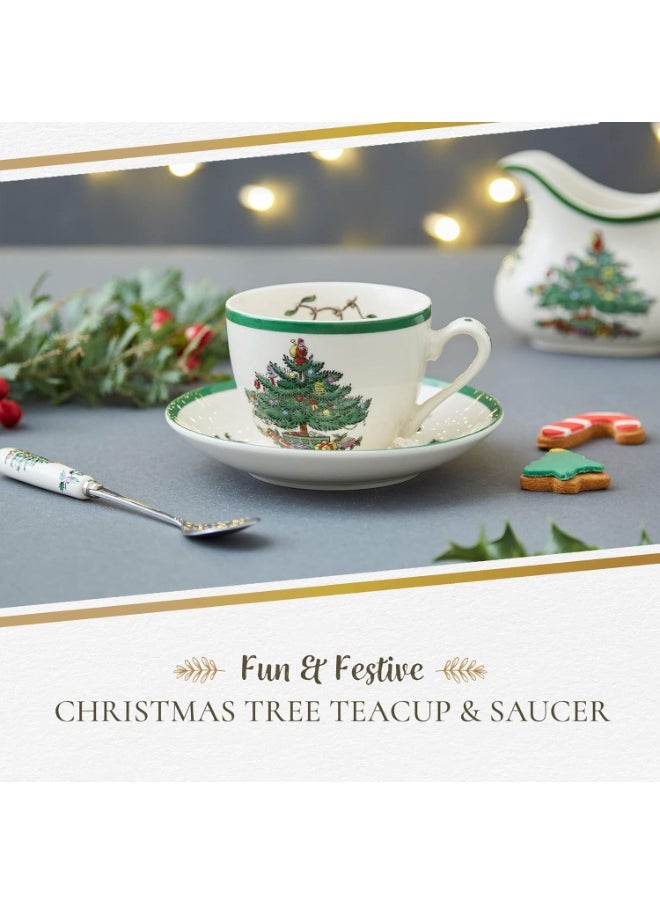 Spode Christmas Tree Teacup & Saucer Set - 7 Oz Earthenware Cup for Tea, Coffee, Cappuccino, Espresso - Holly & Mistletoe Holiday Accents - Holiday Collection Design for Gifting