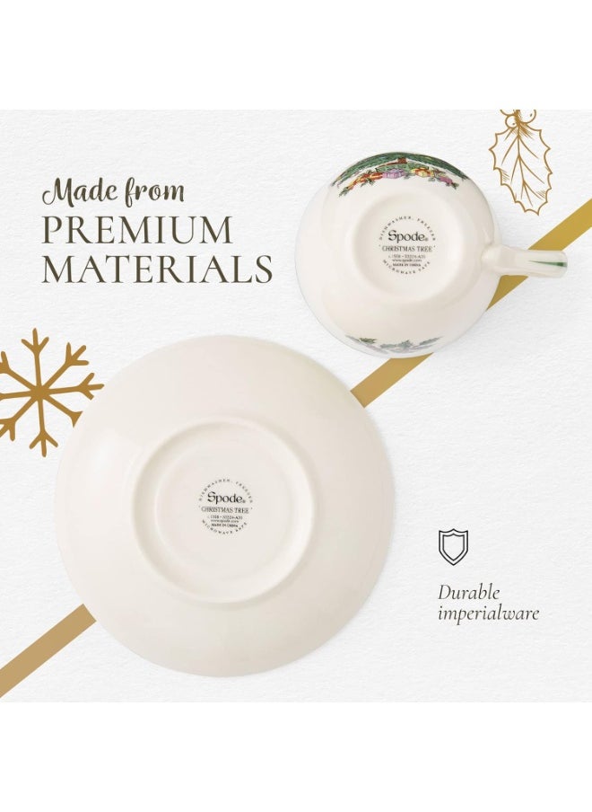 Spode Christmas Tree Teacup & Saucer Set - 7 Oz Earthenware Cup for Tea, Coffee, Cappuccino, Espresso - Holly & Mistletoe Holiday Accents - Holiday Collection Design for Gifting