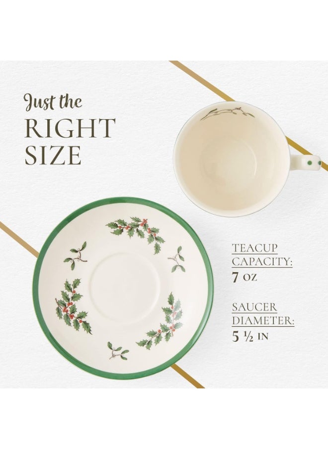 Spode Christmas Tree Teacup & Saucer Set - 7 Oz Earthenware Cup for Tea, Coffee, Cappuccino, Espresso - Holly & Mistletoe Holiday Accents - Holiday Collection Design for Gifting