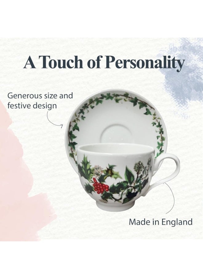 Portmeirion Holly and Ivy 7 oz Holiday Teacup and Saucer Set (Set of 6) - Earthenware Holly Motif, Festive Tableware for Christmas Tea Parties, Elegant Seasonal Gifts - Dishwasher & Microwave Safe