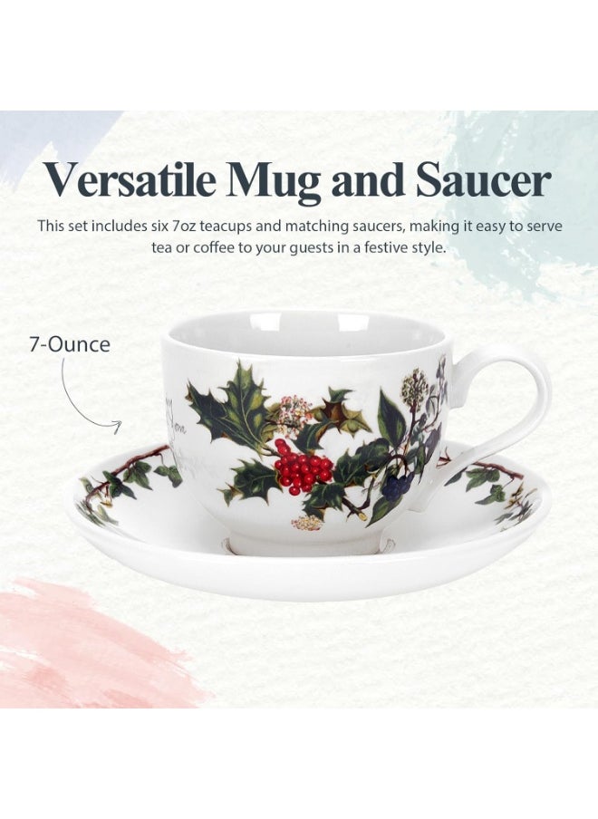 Portmeirion Holly and Ivy 7 oz Holiday Teacup and Saucer Set (Set of 6) - Earthenware Holly Motif, Festive Tableware for Christmas Tea Parties, Elegant Seasonal Gifts - Dishwasher & Microwave Safe