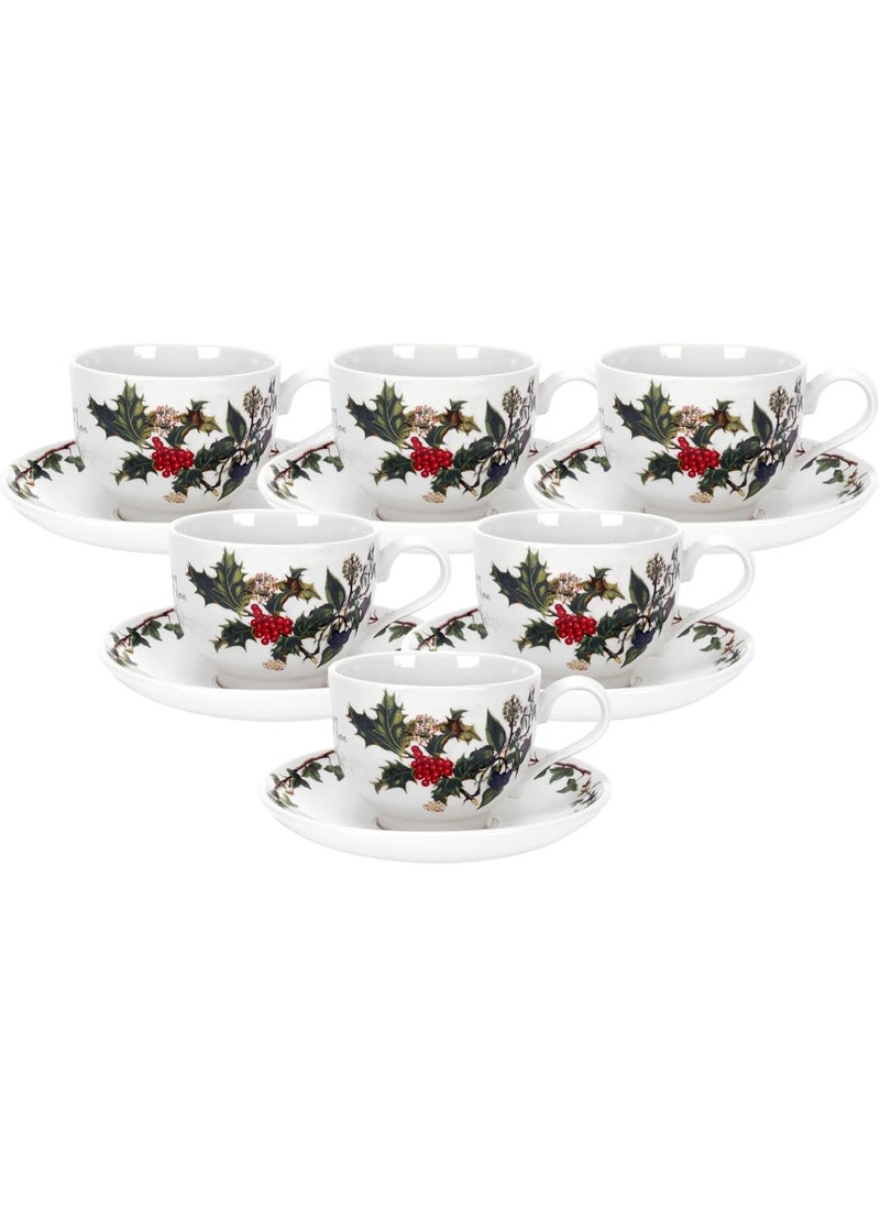 Portmeirion Holly and Ivy 7 oz Holiday Teacup and Saucer Set (Set of 6) - Earthenware Holly Motif, Festive Tableware for Christmas Tea Parties, Elegant Seasonal Gifts - Dishwasher & Microwave Safe