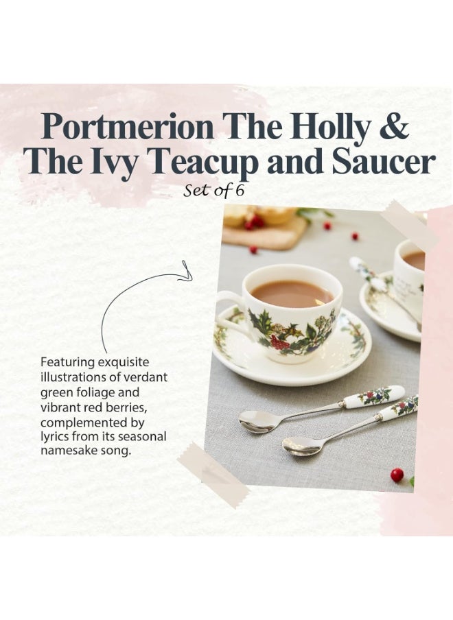 Portmeirion Holly and Ivy 7 oz Holiday Teacup and Saucer Set (Set of 6) - Earthenware Holly Motif, Festive Tableware for Christmas Tea Parties, Elegant Seasonal Gifts - Dishwasher & Microwave Safe