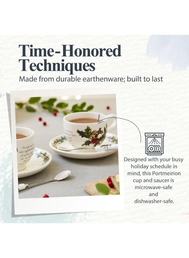 Portmeirion Holly and Ivy 7 oz Holiday Teacup and Saucer Set (Set of 6) - Earthenware Holly Motif, Festive Tableware for Christmas Tea Parties, Elegant Seasonal Gifts - Dishwasher & Microwave Safe