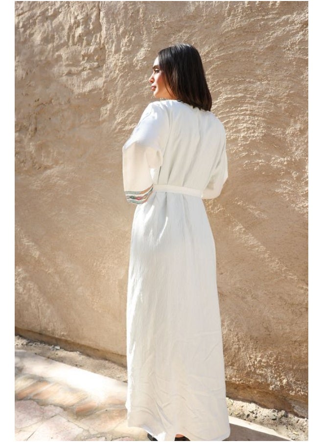 Abaya Linaa - Chic White  - Three-Piece Set with Vibrant Multicolored Embroidery | Lightweight Linen & CEY Fabric | Modest Fashion