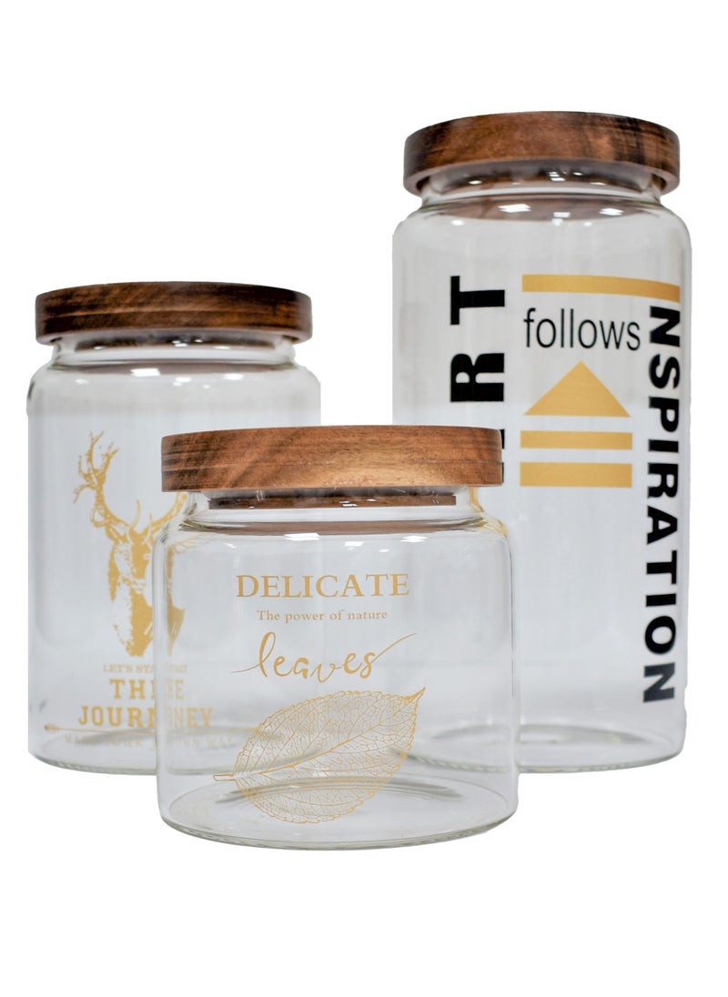 Glass Jars With Acacia Lid - Set Of 3 Pcs