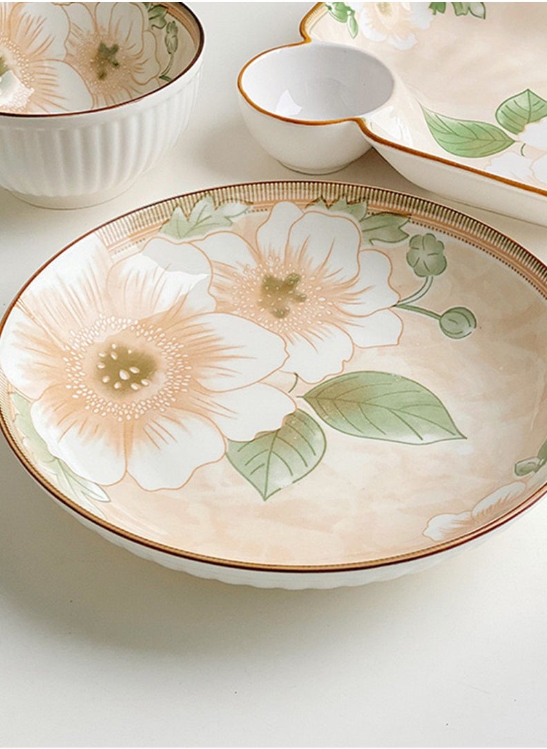 Camellia Tableware Set of 4 7-Inch Plates, Floral Ceramic Round Dinner Plates, Salad, Pasta, Cheese, Prosciutto, Appetizers, Microwave and Dishwasher Safe