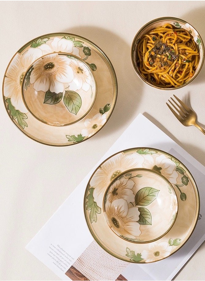 Camellia Tableware Set of 4 7-Inch Plates, Floral Ceramic Round Dinner Plates, Salad, Pasta, Cheese, Prosciutto, Appetizers, Microwave and Dishwasher Safe