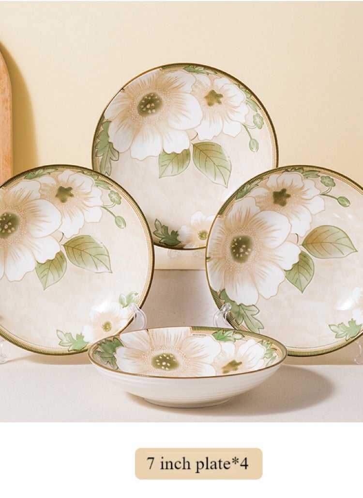 Camellia Tableware Set of 4 7-Inch Plates, Floral Ceramic Round Dinner Plates, Salad, Pasta, Cheese, Prosciutto, Appetizers, Microwave and Dishwasher Safe