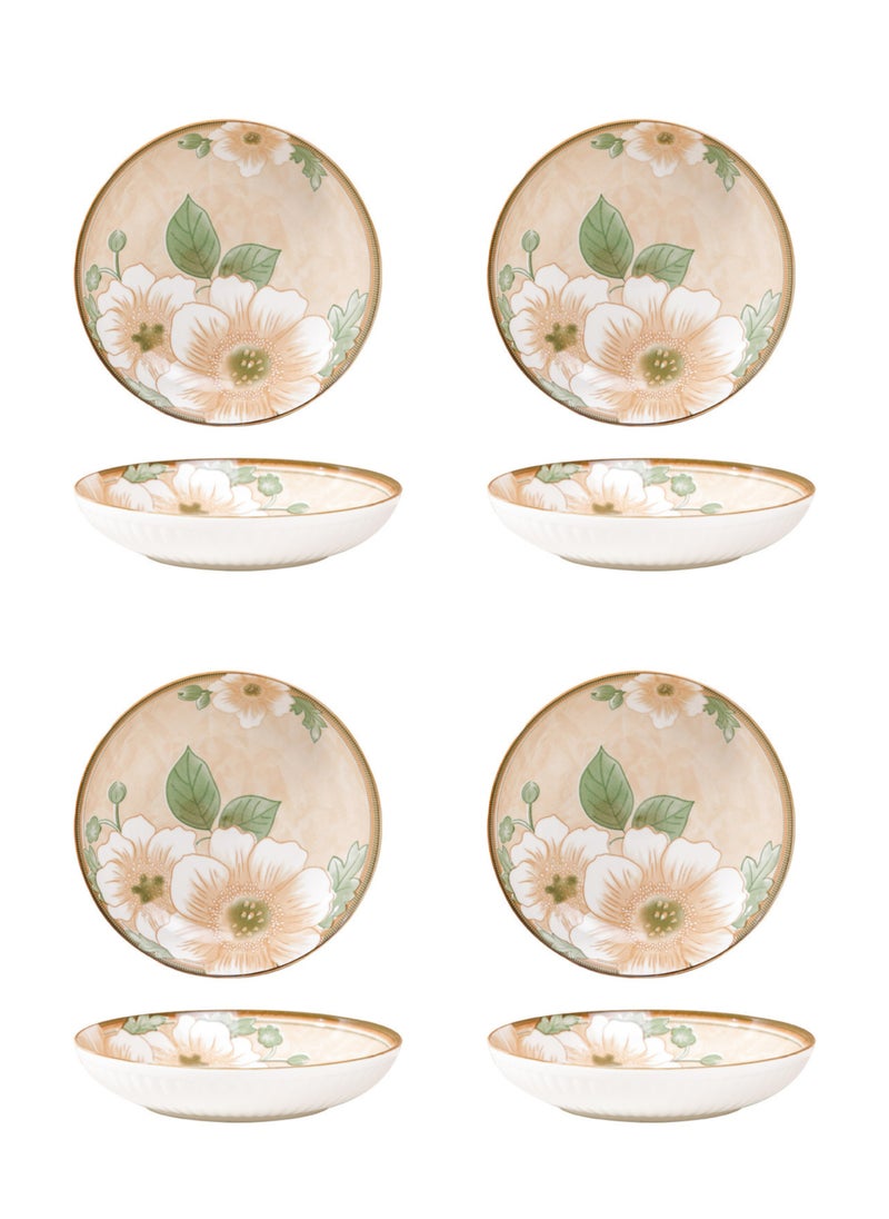 Camellia Tableware Set of 4 7-Inch Plates, Floral Ceramic Round Dinner Plates, Salad, Pasta, Cheese, Prosciutto, Appetizers, Microwave and Dishwasher Safe