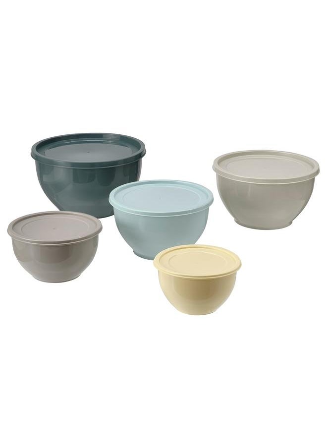 Bowl with lid, set of 5, mixed colours