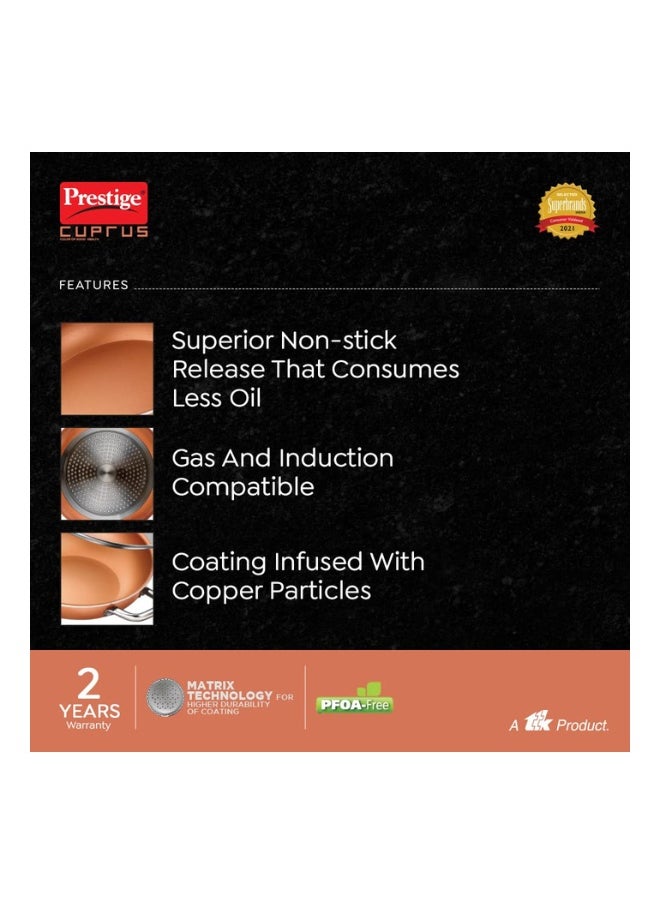 Prestige Cuprus Aluminium Non-Stick Kadai with Glass Lid – 26 cm | 3L Capacity | Gas & Induction Compatible | Metal Spoon Friendly | Copper Finish