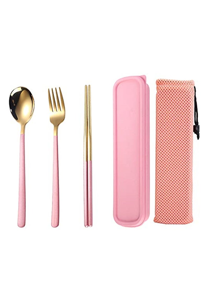 Travel Cutlery Set, Stainless Steel Cutlery Set Portable Camp Reusable Flatware Pinkware,Include Fork Spoon Chopsticks with Case for Hiking Traveling Camping or School Lunch