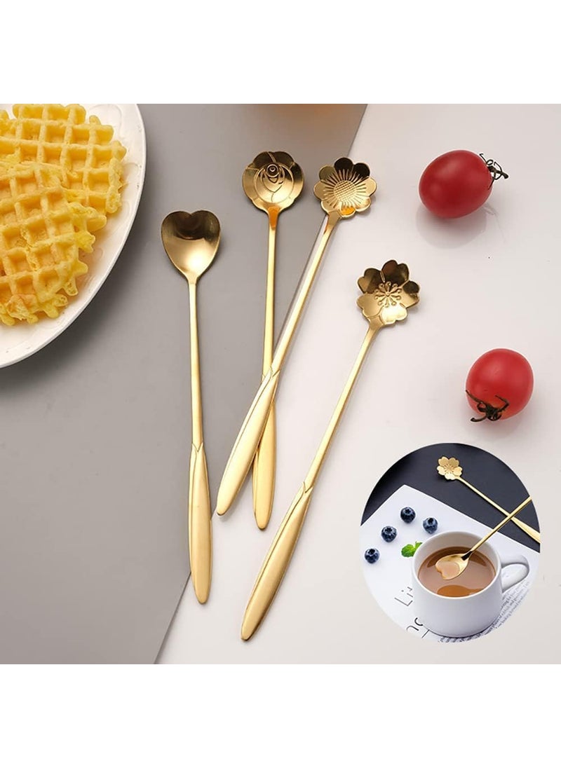 RAGYULA 4 Pcs Golden Spoon SetCoffee SpoonDessert SpoonCutlery Kitchen TablewareStainless Steel Gold Flower Shape Coffee Spoon with Package Bag 18cm Different Coffee Spoon