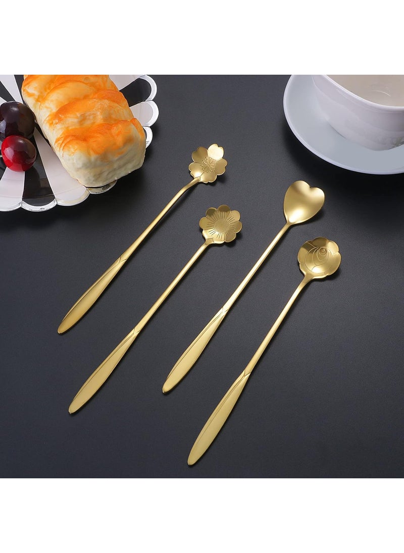 RAGYULA 4 Pcs Golden Spoon SetCoffee SpoonDessert SpoonCutlery Kitchen TablewareStainless Steel Gold Flower Shape Coffee Spoon with Package Bag 18cm Different Coffee Spoon