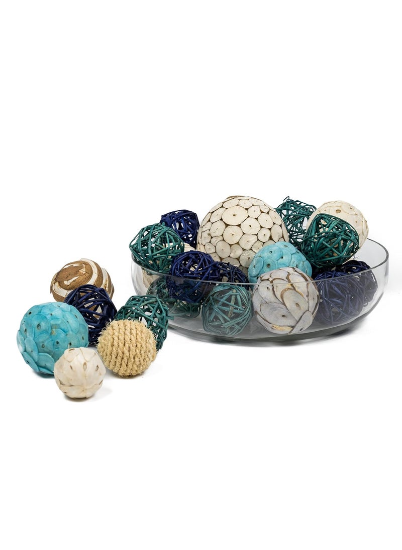 Scentattvacom Spherical Balls Rattan Wood and Dried Flowers Bowl Fillers for Home and Office Decoration Pack of 22 Pieces Turquoise Blue White
