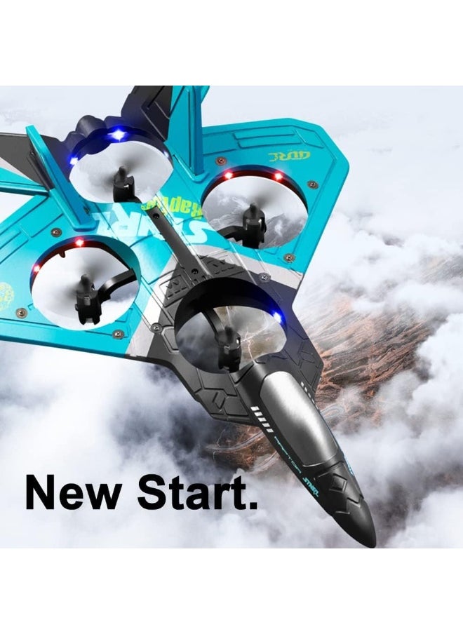V17 Jet Fighter RC Airplane with 360° Stunt Spin – 2.4GHz Remote Control Aircraft with Gravity Sensor, LED Lights – Sky Blue Toy Plane for Outdoor Flying.