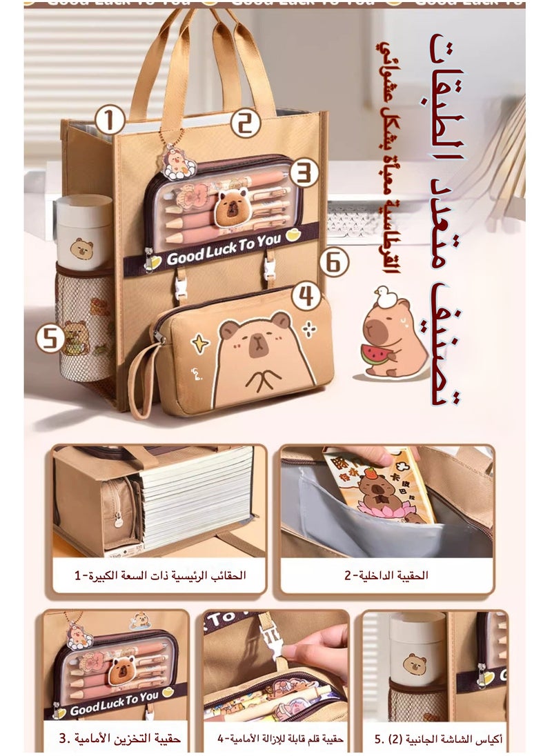 Floral Canvas Shoulder Bag for Students - Foldable Book Tote with Detachable Pencil Case, Large Capacity School Bag