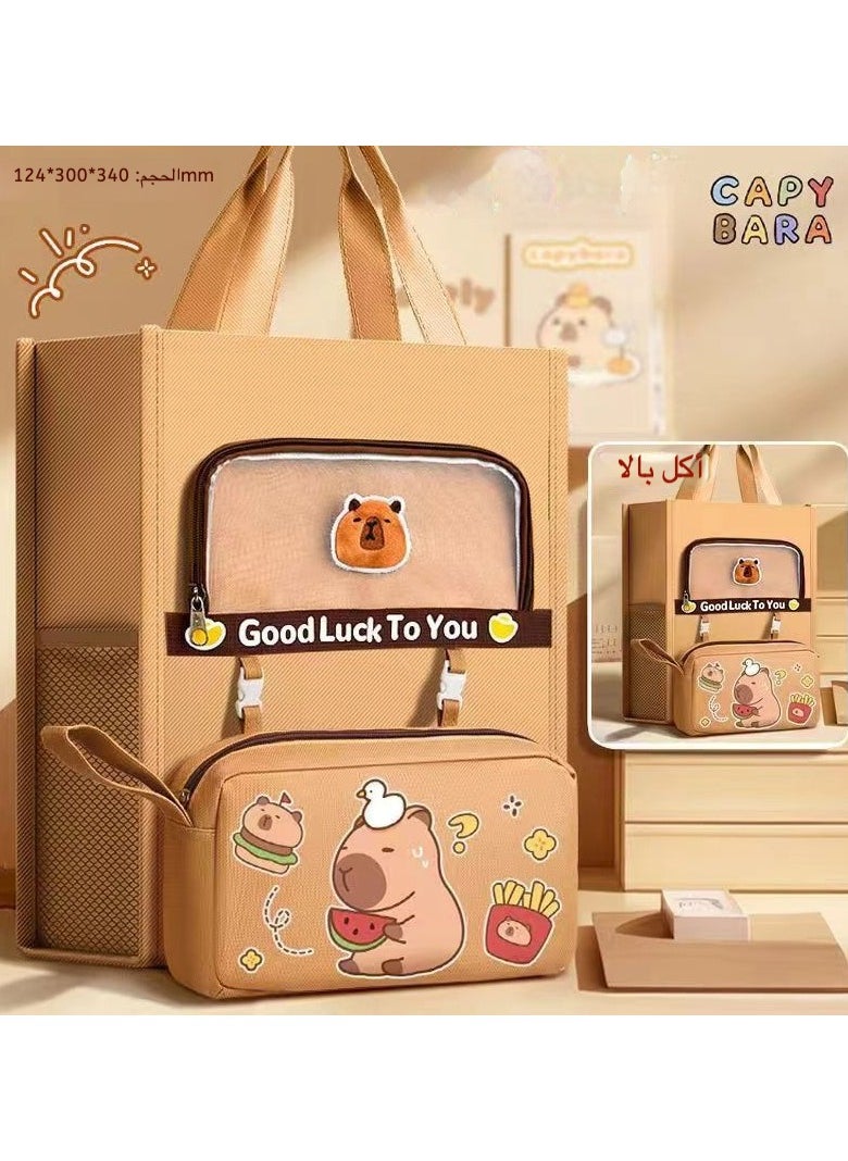 Floral Canvas Shoulder Bag for Students - Foldable Book Tote with Detachable Pencil Case, Large Capacity School Bag