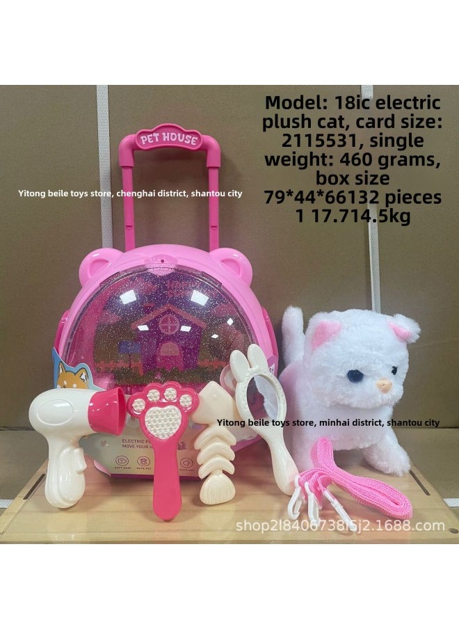 Toy Plush Doll Electric Dog Kitten Rabbit Walking Sound Simulation Electronic Pet Children's Toy-Color: Trolley Backpack Cat Pink