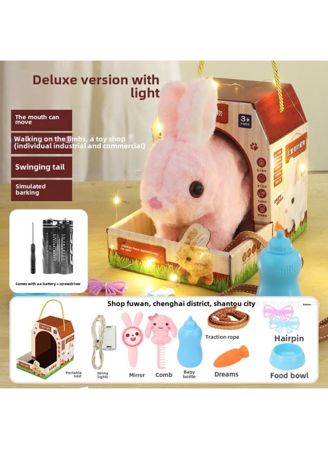 Children's Toy Rabbit Walking Can Call Baby Electric Plush Pet Can Make A Sound Boy Girl Pet Play House-Colour:Pink Rabbit + High-end Rabbit Nest + Lighting-Specification:Aa Battery X2+screwdriver