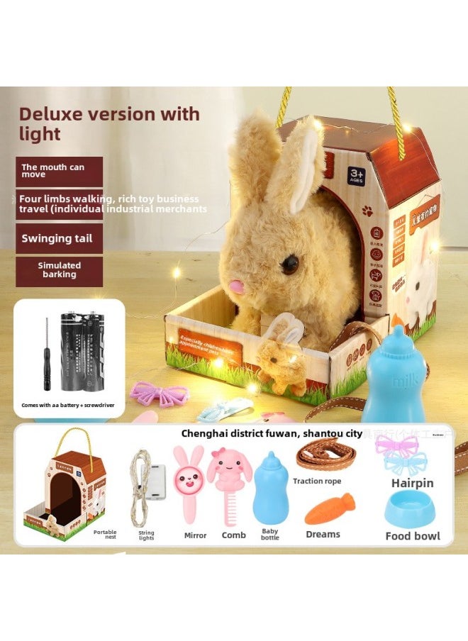 Children's Toy Rabbit Walking Can Call Baby Electric Plush Pet Can Make A Sound Boy Girl Pet Play House-Colour:Pink Rabbit + High-end Rabbit Nest-Specification:Aa Battery X2+screwdriver