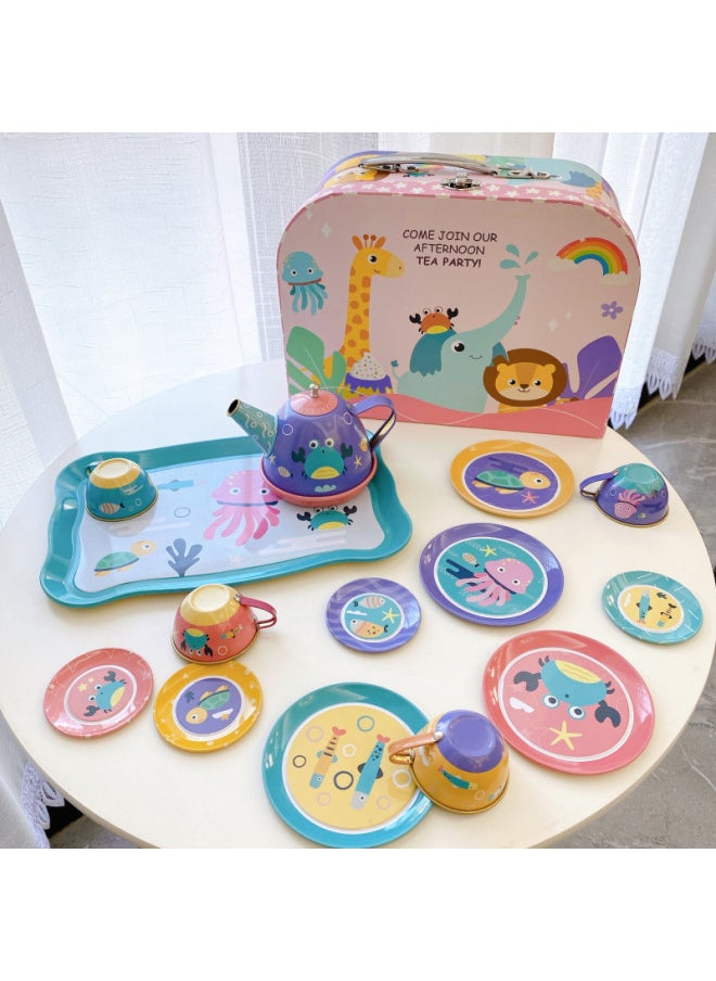 Simulation Tinplate Teapot Toy Children's Play Girls Afternoon Tea Dessert Tea Set Suitcase Set-Color:Ocean Tea Set Suitcase