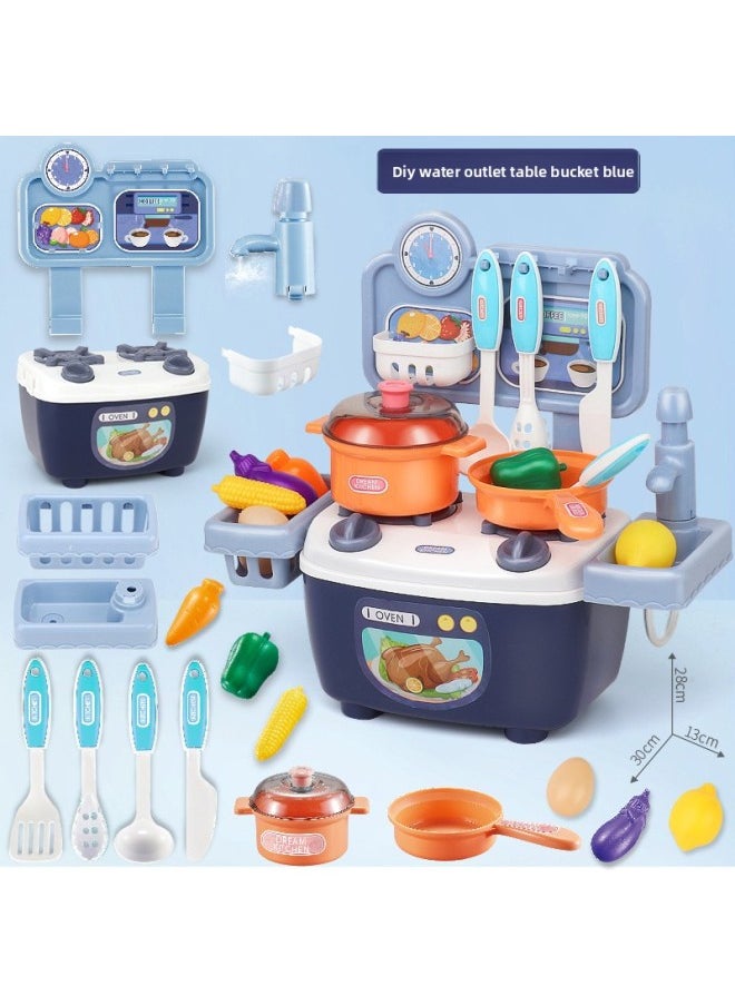 Simulation Play House Mini Dining Table Kitchen Upgraded Version Boys And Girls Baby Cooking Tableware Kitchenware Toys-Color:DIY Water Table Barrel Wheat Blue (mail Order Box)
