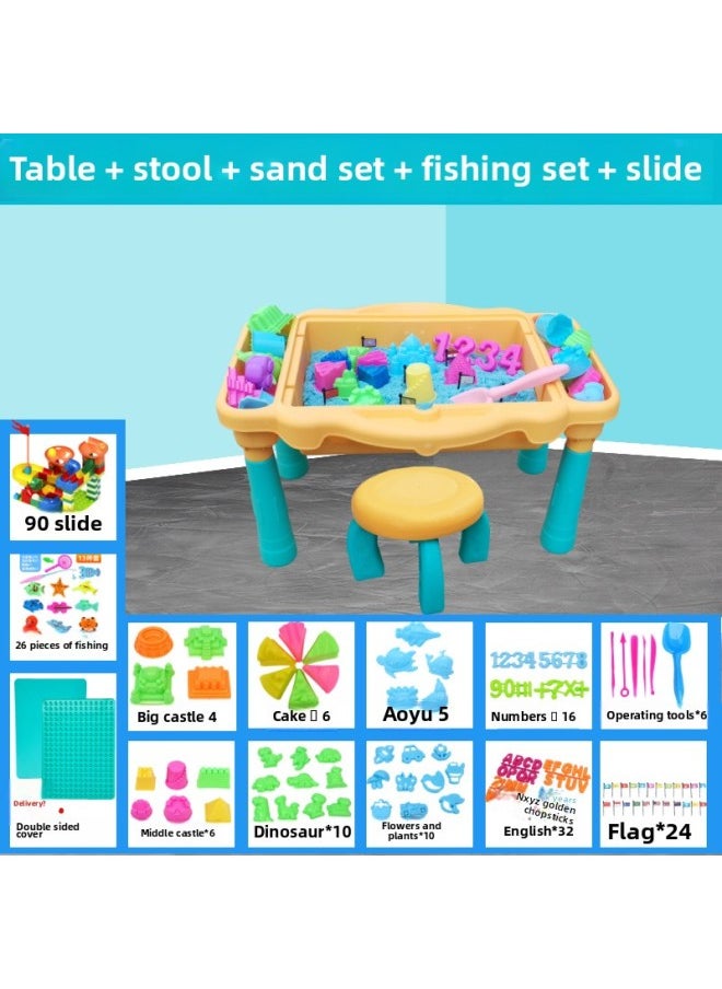 Children's Space Toy Sand Table Set Indoor Play Color Sand Boys And Girls Safety Baby Clay Color Mud Building Blocks Table-Specifications:Playing Sand Table + Stool +6kg [blue] Sand Delivery 119 Mold +100 Slide +26 Fishing