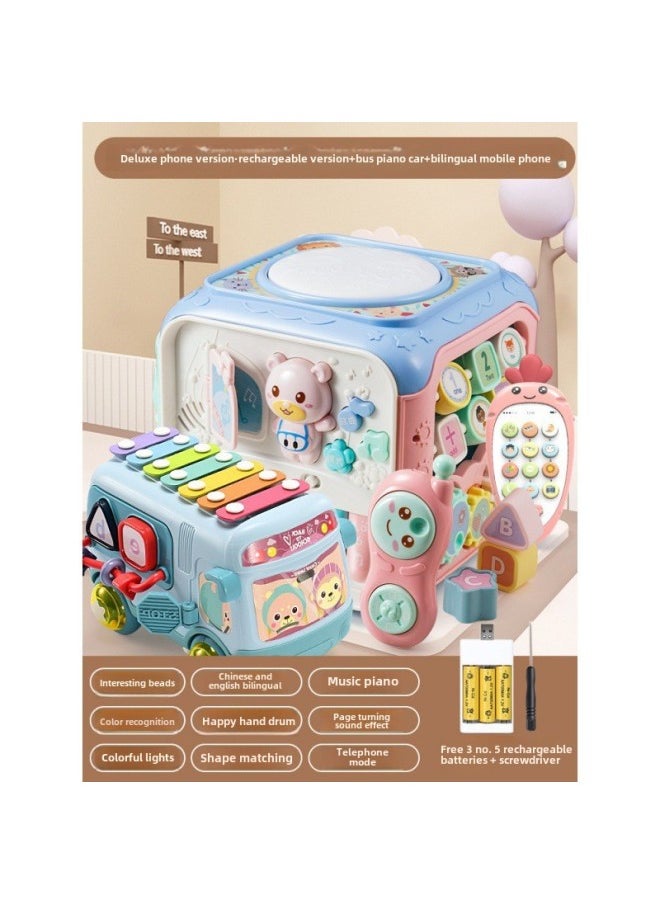 Baby's Six-sided Drum Toy Puzzle Box Multi-sided Drum Body Music Hand Drum Early Education Hand Racket Intelligence Cube Young Six Months-Color:611 Deluxe Edition [send Rechargeable Battery] + Children's Mobile Phone + Bus Knocking Car