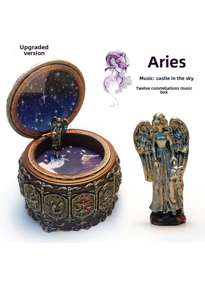 Vintage Zodiac Sign Music Box Creative Premium Birthday Gift For Girls Rotating Glowing Music Box Toy-Color:Aries-Size:Music: Sky City