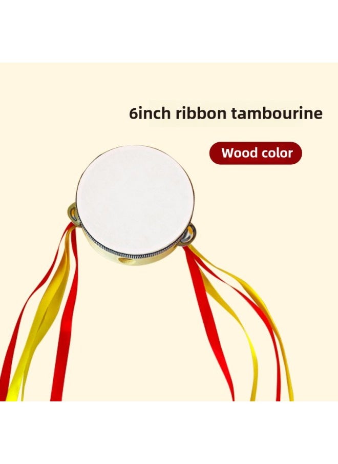 Tambourine Kindergarten Dance Props Children's Tambourine Musical Instrument Orff Vitamin Grade Examination Xinjiang Bell Lingbao-Color:Streamer 6inch Wood Color Tambourine