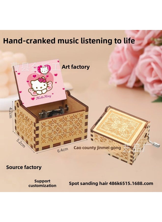 A Variety Of Animation Hand-cranked Music Box Cartoon UV Color Printing Carving Sunshine Wooden Music Box Crafts Ornaments Gifts-Color:Hello Kitty 1