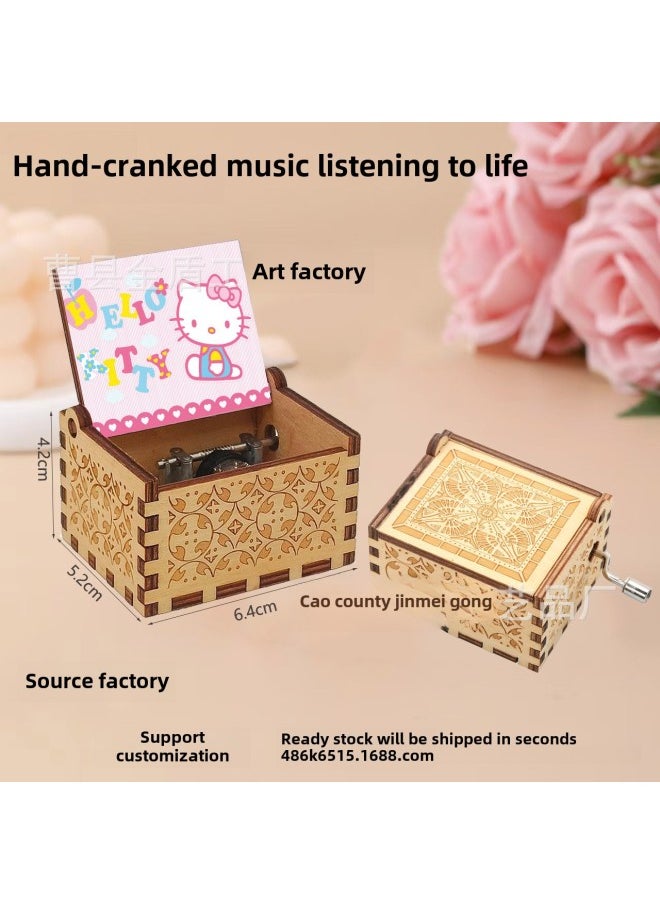 A Variety Of Animation Hand-cranked Music Box Cartoon UV Color Printing Carving Sunshine Wooden Music Box Crafts Ornaments Gifts-Color:Hello Kitty 1