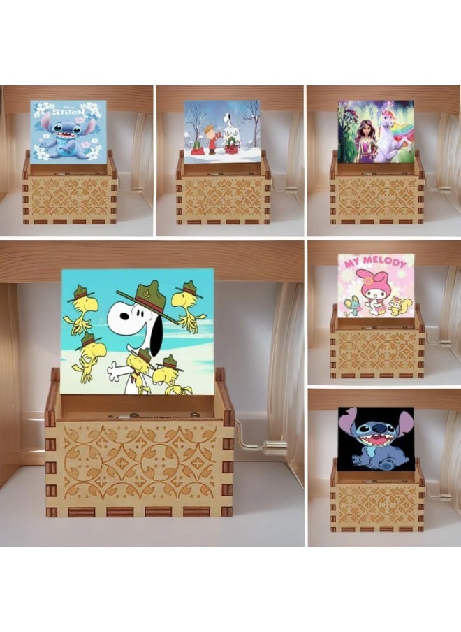 A Variety Of Animation Hand-cranked Music Box Cartoon UV Color Printing Carving Sunshine Wooden Music Box Crafts Ornaments Gifts-Color:Hello Kitty 1