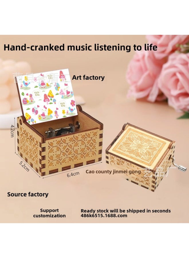 A Variety Of Animation Hand-cranked Music Box Cartoon UV Color Printing Carving Sunshine Wooden Music Box Crafts Ornaments Gifts-Color:Hello Kitty 1