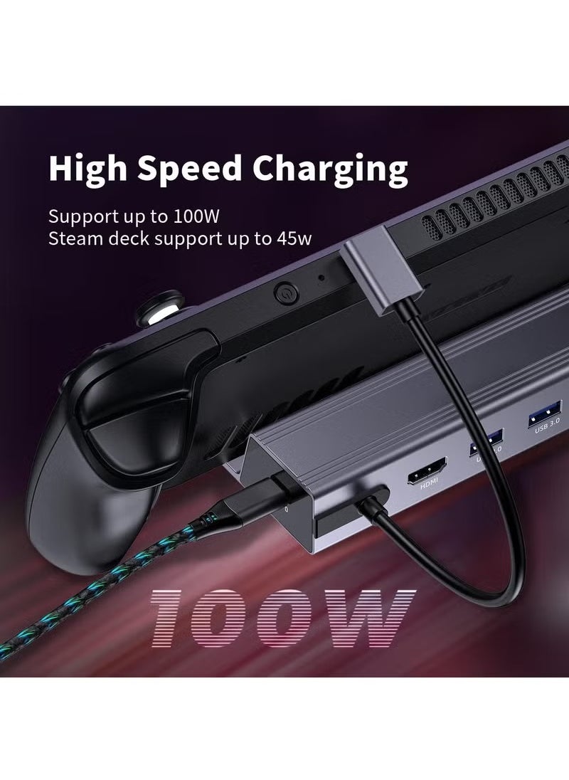 Docking Station, 6-in-1 Steam Deck Dock with HDMI 2.0 4K@60Hz, Gigabit Ethernet, 3 USB 3.0 and 100W USB C Charging Port for Steam Deck and Asus Rog Ally