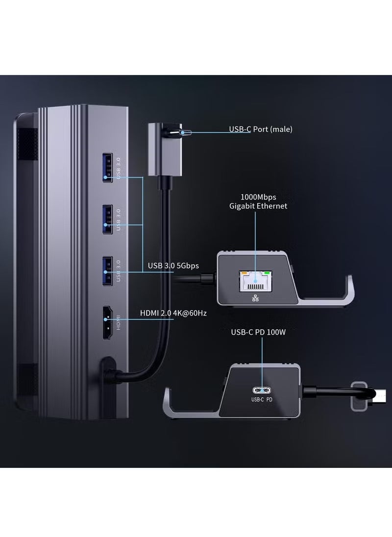 Docking Station, 6-in-1 Steam Deck Dock with HDMI 2.0 4K@60Hz, Gigabit Ethernet, 3 USB 3.0 and 100W USB C Charging Port for Steam Deck and Asus Rog Ally
