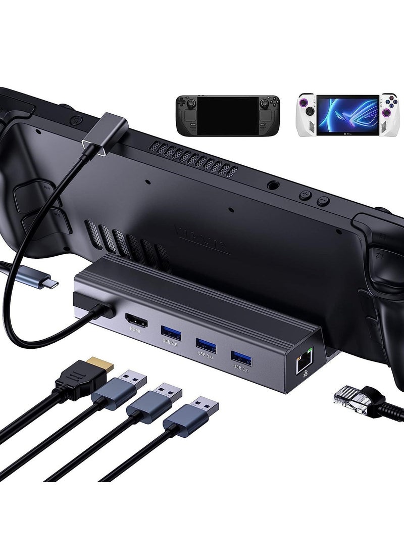 Docking Station, 6-in-1 Steam Deck Dock with HDMI 2.0 4K@60Hz, Gigabit Ethernet, 3 USB 3.0 and 100W USB C Charging Port for Steam Deck and Asus Rog Ally