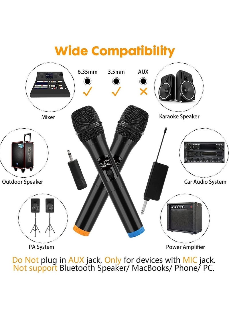 UHF Wireless Unidirectional Microphone Handheld Mic with Receiver 1/4 Output for Conference/Weddings/Church/Stage/Party/Karaoke, 80ft (Duel Cordless) (Black)