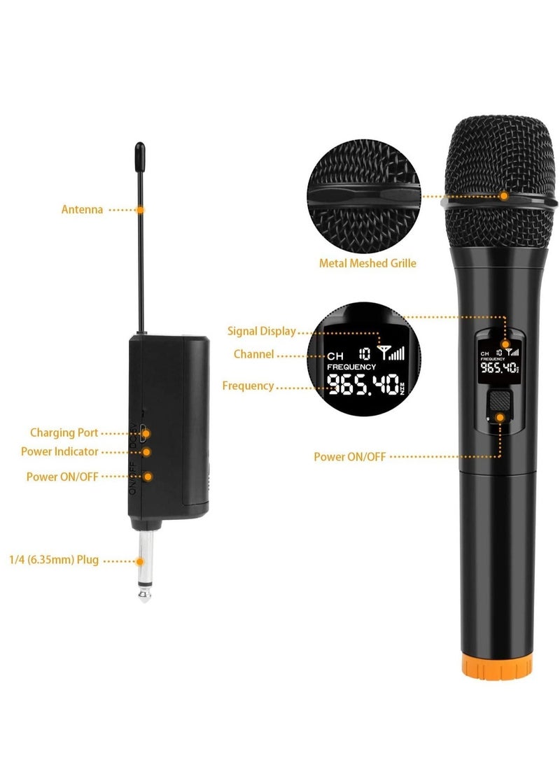 UHF Wireless Unidirectional Microphone Handheld Mic with Receiver 1/4 Output for Conference/Weddings/Church/Stage/Party/Karaoke, 80ft (Duel Cordless) (Black)
